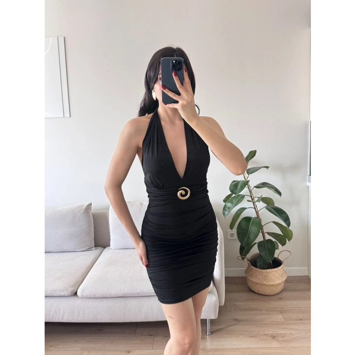 Boyun Bağlamalı Tokalı Elbise - SİYAH