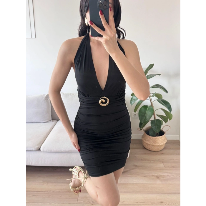 Boyun Bağlamalı Tokalı Elbise - SİYAH