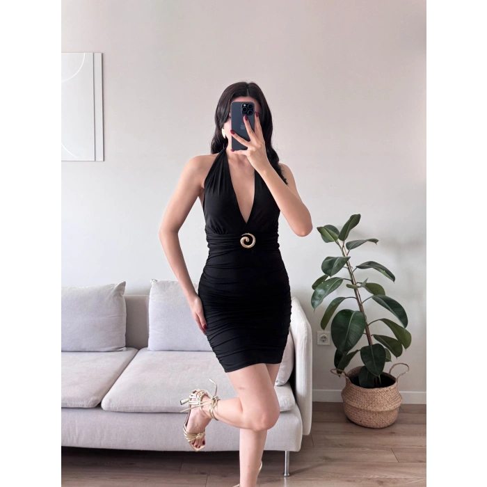 Boyun Bağlamalı Tokalı Elbise - SİYAH