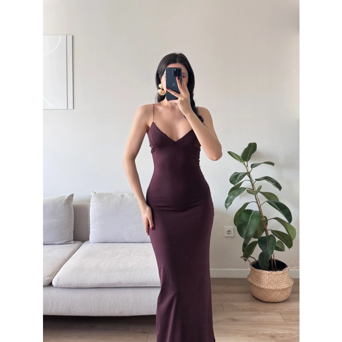 Askılı V Yaka Premium Elbise - MÜRDÜM