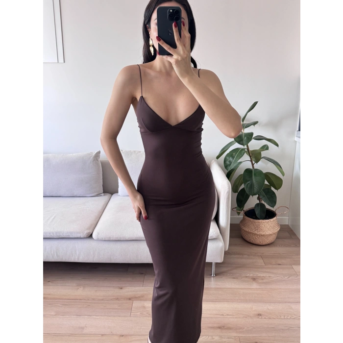 Askılı V Yaka Premium Elbise - KAHVE