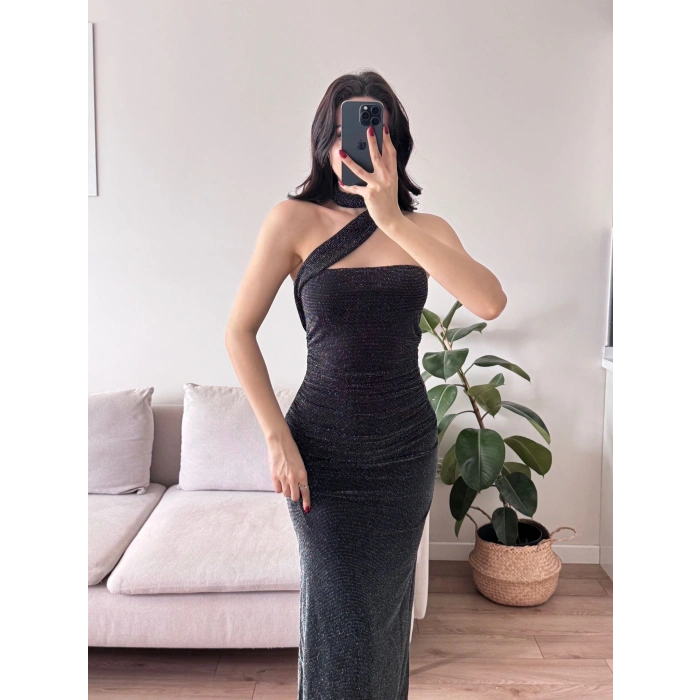 Kuşaklı Straplez Simli Elbise