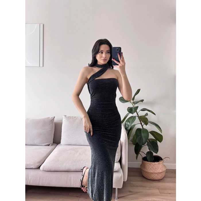 Kuşaklı Straplez Simli Elbise