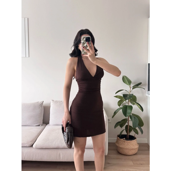 Boyun Geçmeli Simli Elbise - KAHVE