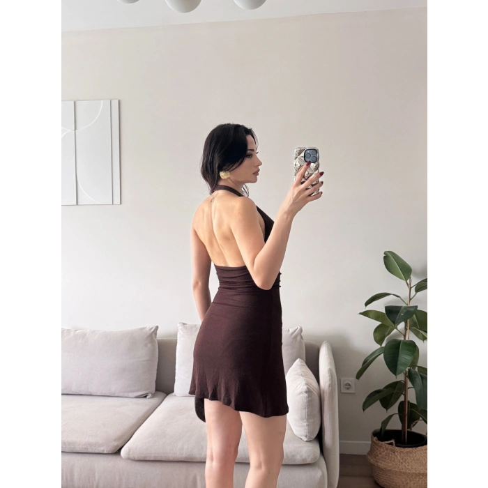 Boyun Geçmeli Simli Elbise - KAHVE