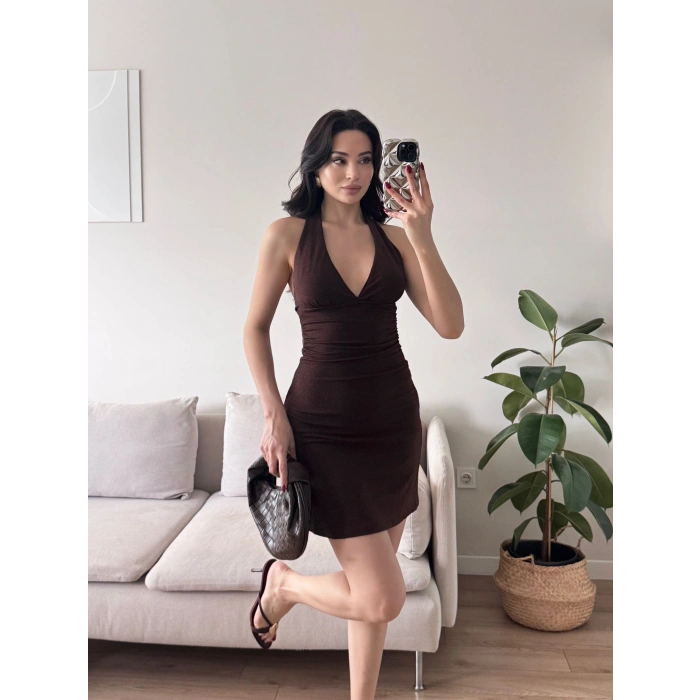 Boyun Geçmeli Simli Elbise - KAHVE