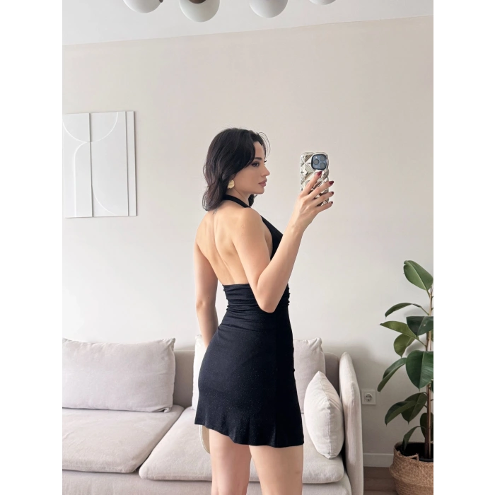 Boyun Geçmeli Simli Elbise - SİYAH