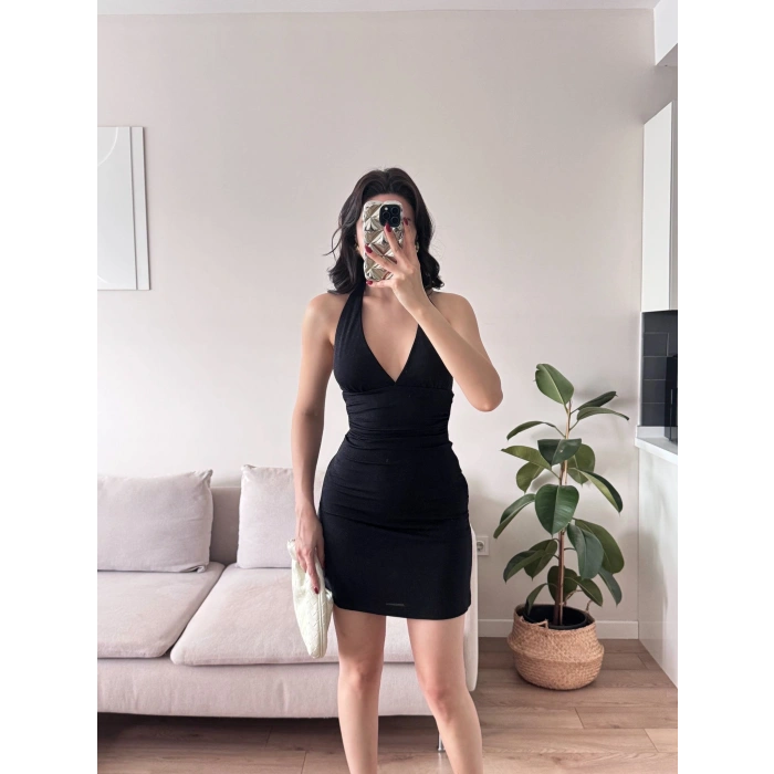 Boyun Geçmeli Simli Elbise - SİYAH