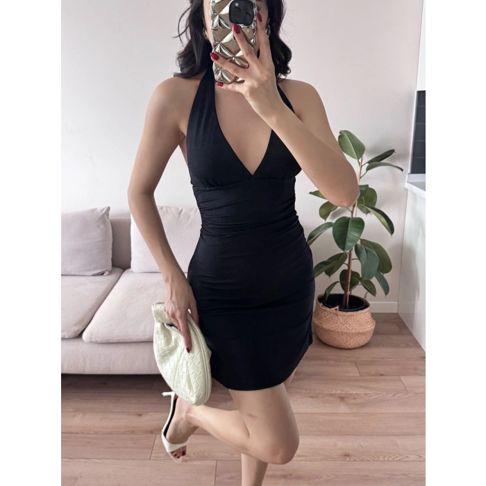 Boyun Geçmeli Simli Elbise - SİYAH