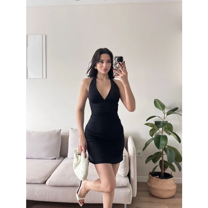 Boyun Geçmeli Simli Elbise - SİYAH