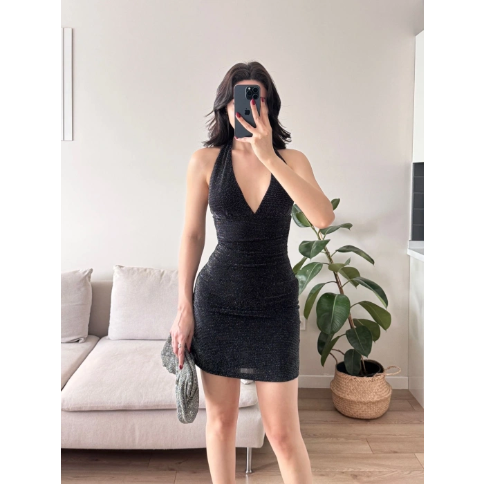 Boyun Geçmeli Simli Elbise - GÜMÜŞ