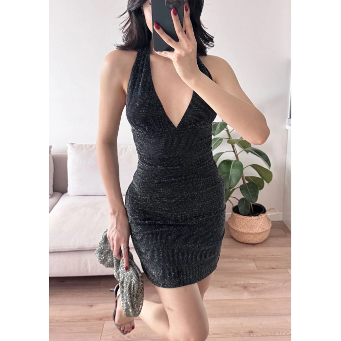 Boyun Geçmeli Simli Elbise - GÜMÜŞ