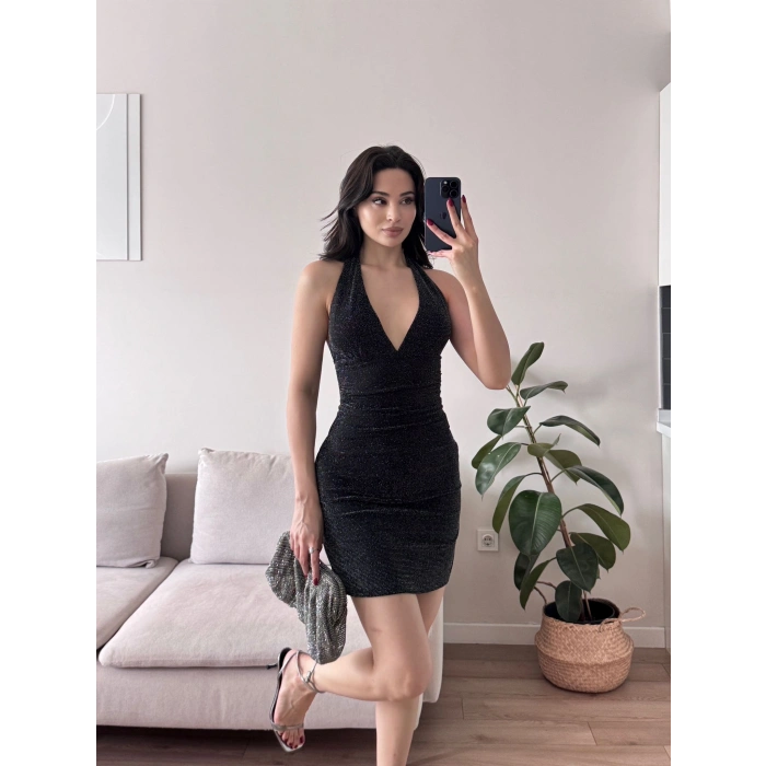 Boyun Geçmeli Simli Elbise - GÜMÜŞ