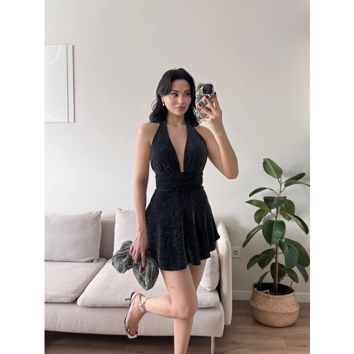 Boyun Bağlamalı Simli Elbise