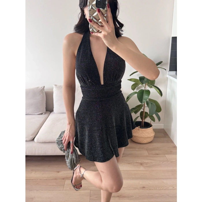 Boyun Bağlamalı Simli Elbise