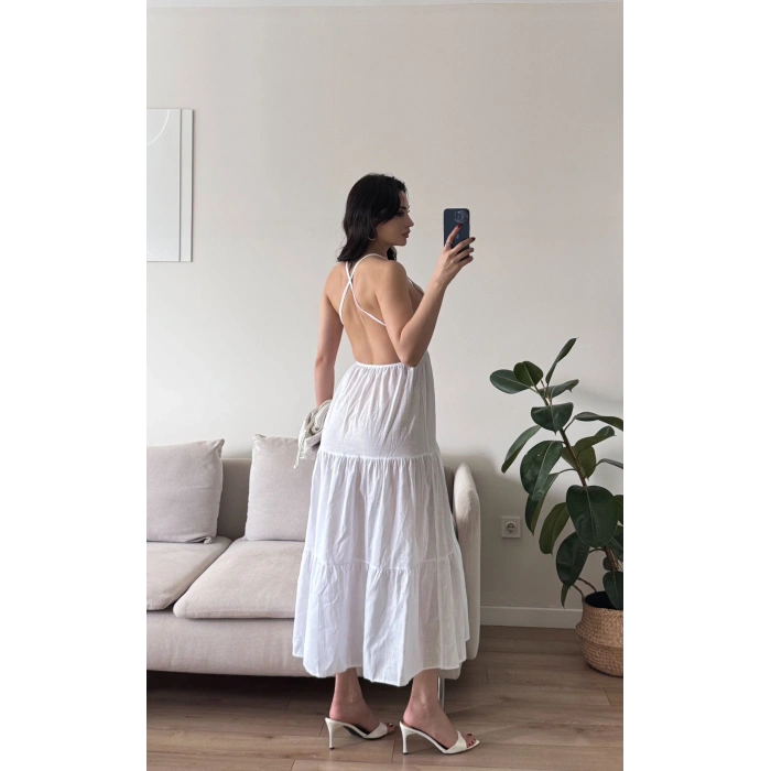 Sırt Çapraz Askılı Elbise - BEYAZ