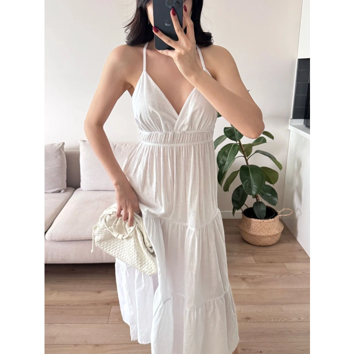Sırt Çapraz Askılı Elbise - BEYAZ