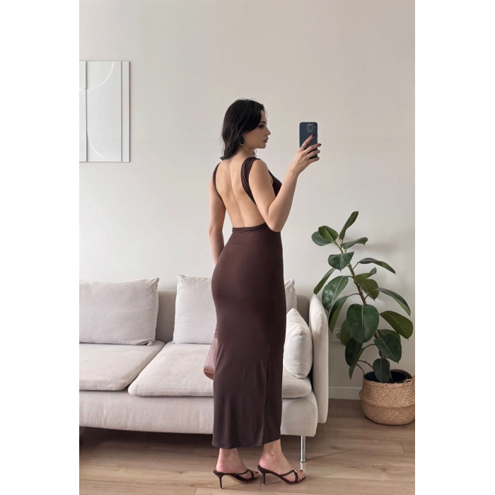 Sırt Kare Dekolte Long Elbise - KAHVE