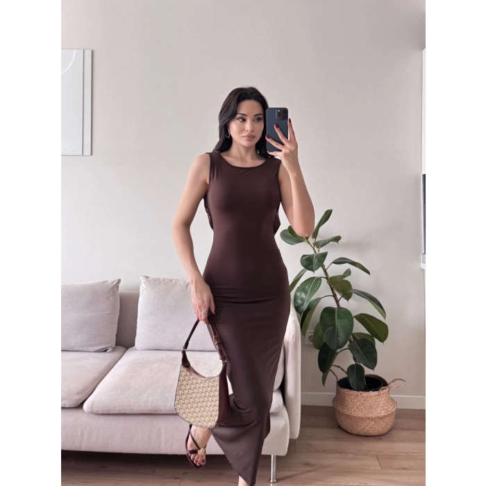 Sırt Kare Dekolte Long Elbise - KAHVE