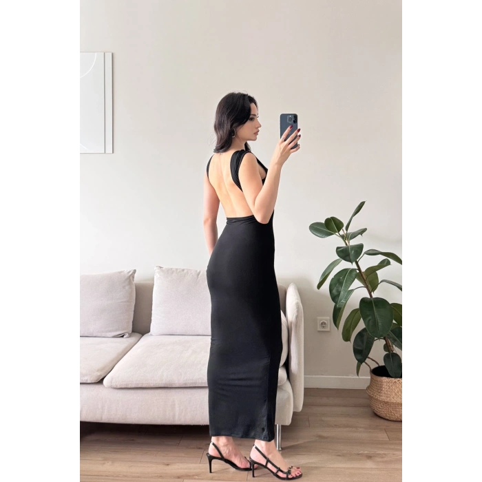 Sırt Kare Dekolte Long Elbise - SİYAH