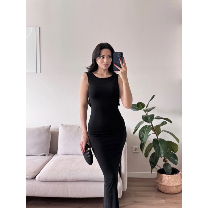 Sırt Kare Dekolte Long Elbise - SİYAH