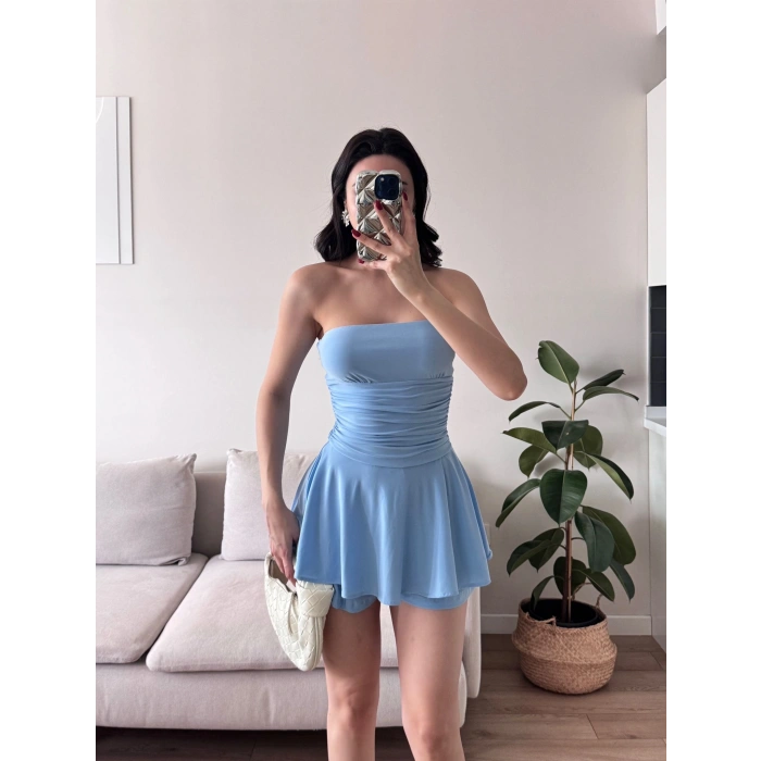 Straplez Volanlı Şortlu Elbise - MAVİ