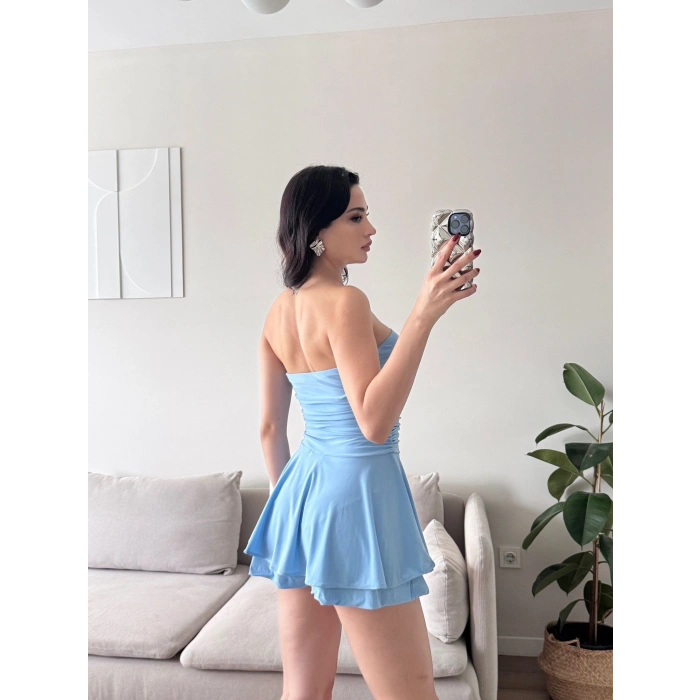 Straplez Volanlı Şortlu Elbise - MAVİ