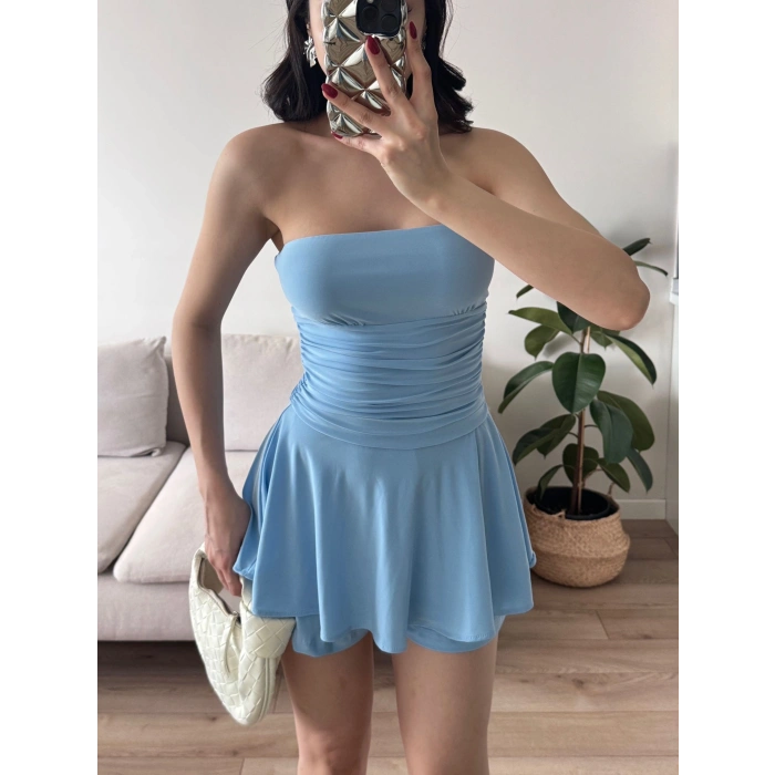 Straplez Volanlı Şortlu Elbise - MAVİ