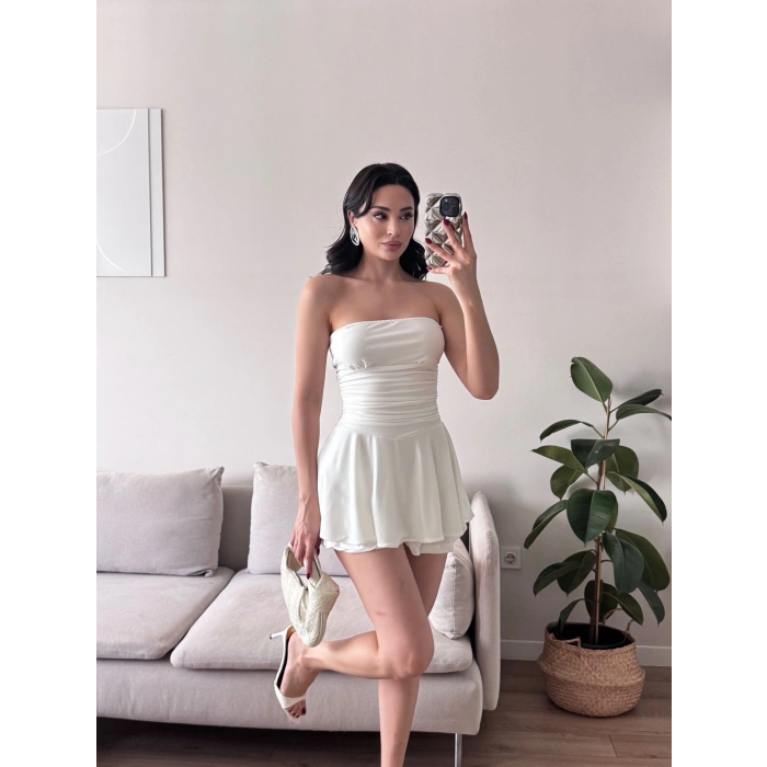Straplez Volanlı Şortlu Elbise - BEYAZ
