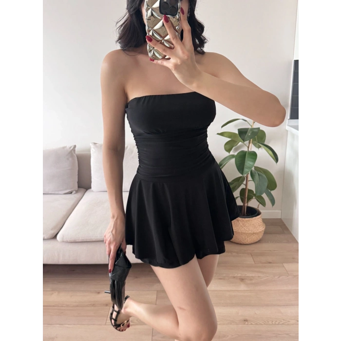 Straplez Volanlı Şortlu Elbise - SİYAH