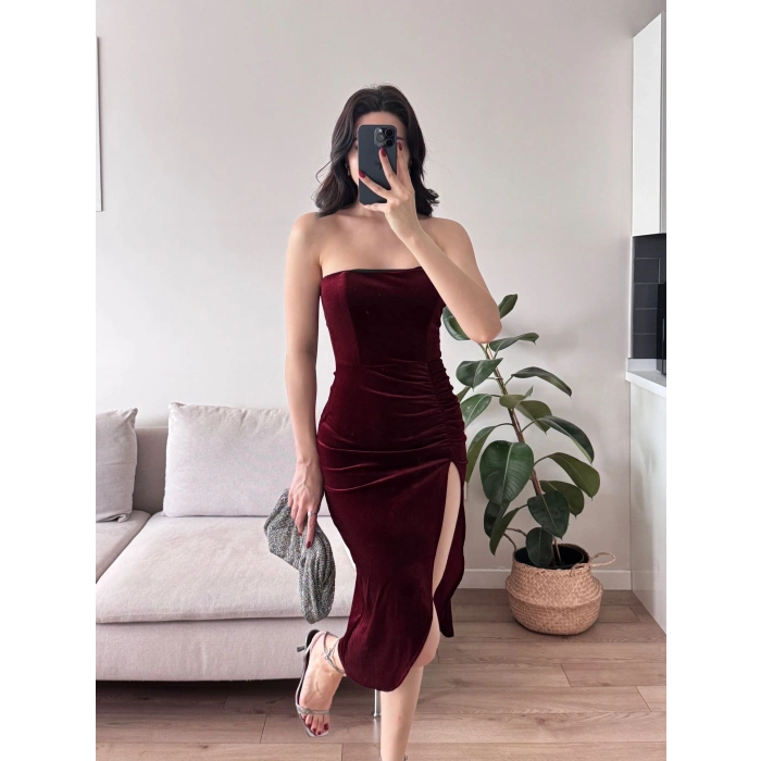 Derin Yırtmaç Straplez Elbise - BORDO