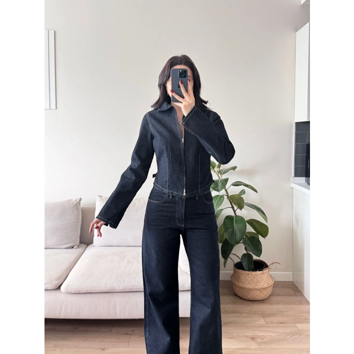 Çift Fermuarlı Denim Takım