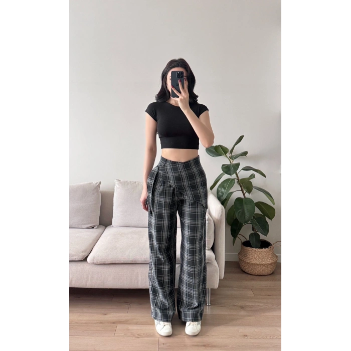 Bel Fular Ekose Pantolon - LACİVERT