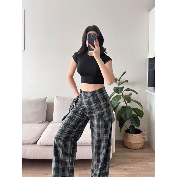 Bel Fular Ekose Pantolon - LACİVERT