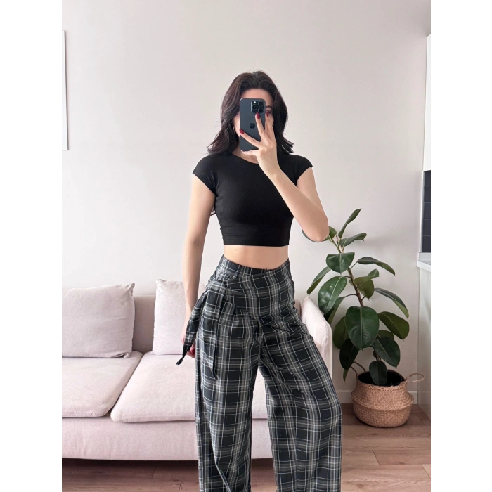 Bel Fular Ekose Pantolon - LACİVERT