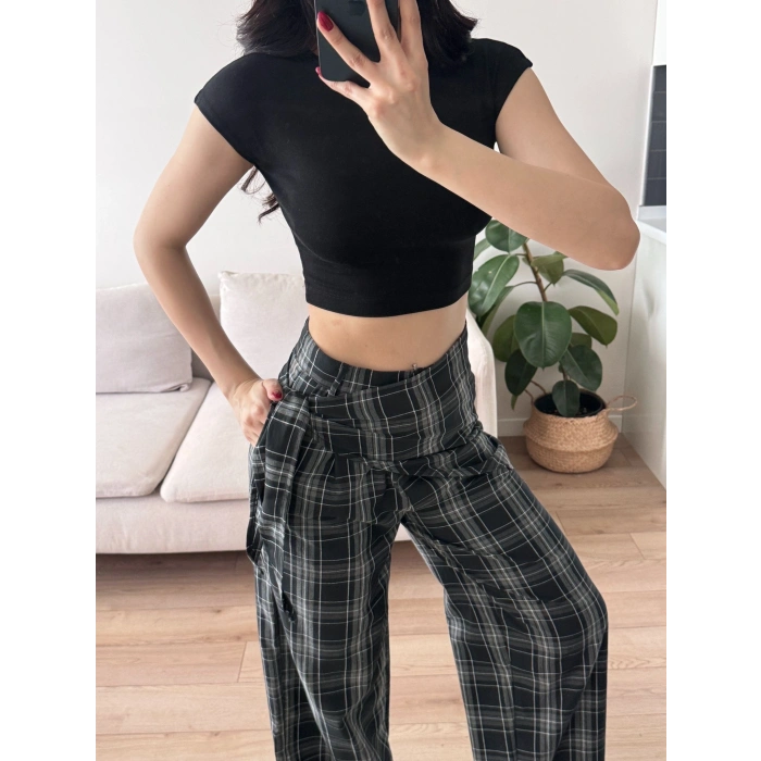 Bel Fular Ekose Pantolon - LACİVERT