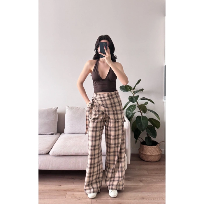 Bel Fular Ekose Pantolon - KAHVE