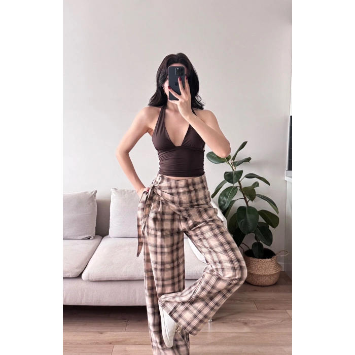 Bel Fular Ekose Pantolon - KAHVE