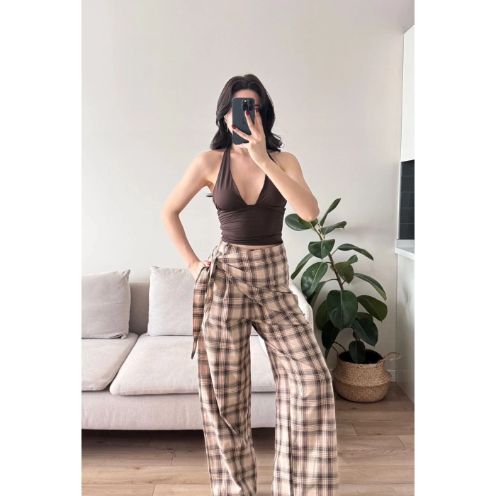 Bel Fular Ekose Pantolon - KAHVE