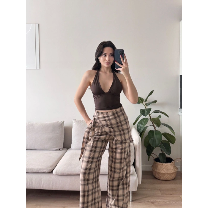Bel Fular Ekose Pantolon - KAHVE