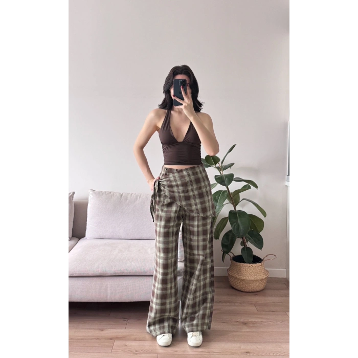 Bel Fular Ekose Pantolon - YEŞİL