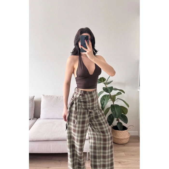 Bel Fular Ekose Pantolon - YEŞİL