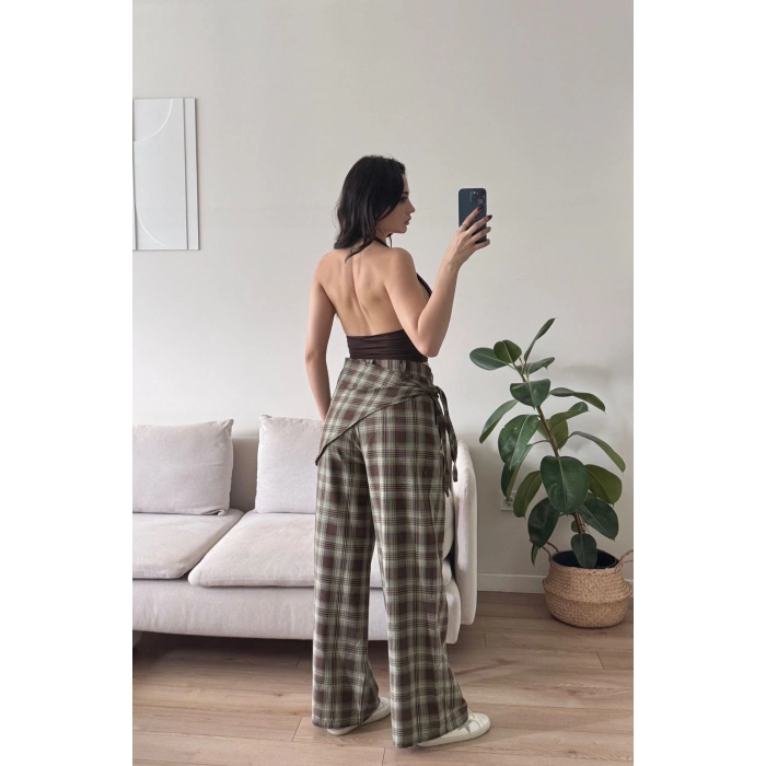 Bel Fular Ekose Pantolon - YEŞİL