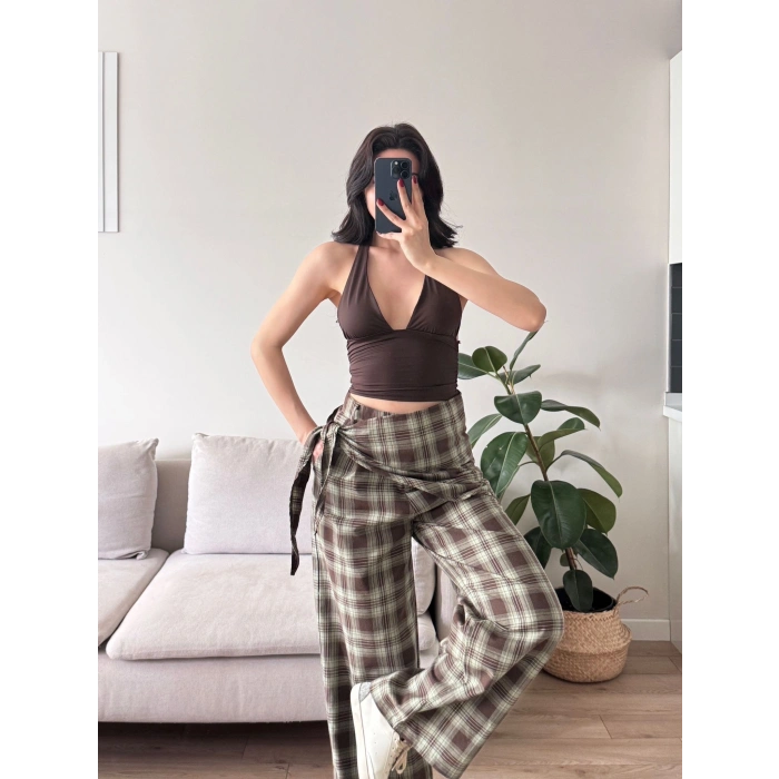 Bel Fular Ekose Pantolon - YEŞİL