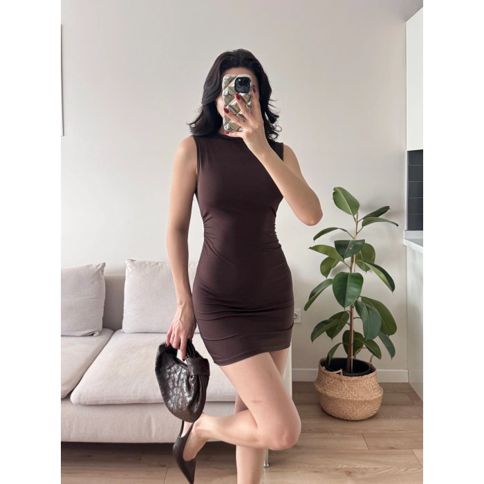 Yan Drapeli Mini Elbise - KAHVE