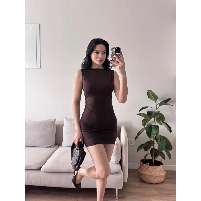 Yan Drapeli Mini Elbise - KAHVE