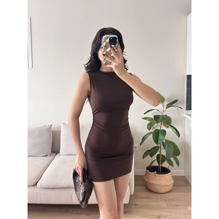 Yan Drapeli Mini Elbise - KAHVE