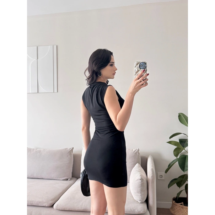 Yan Drapeli Mini Elbise - SİYAH