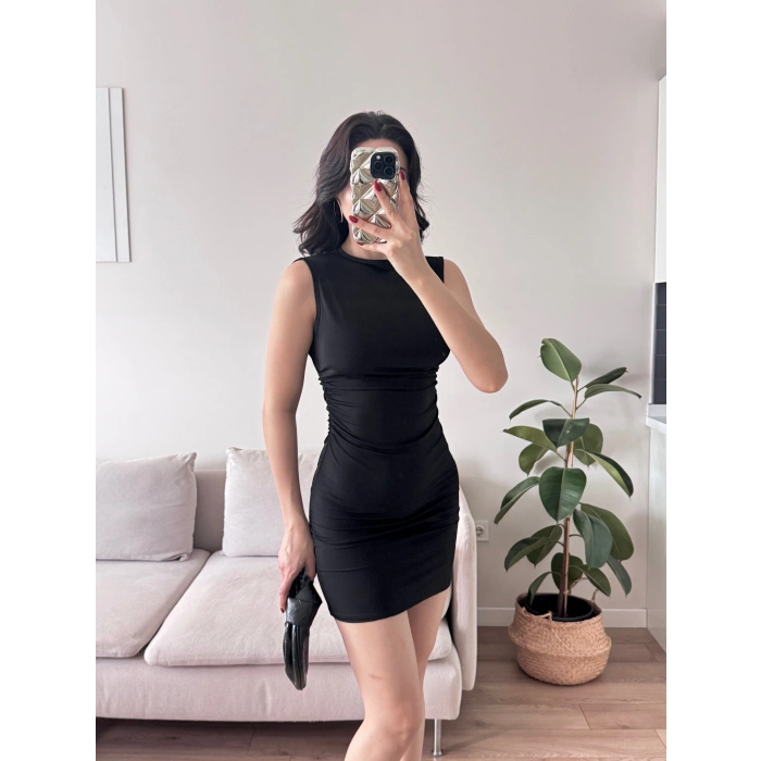 Yan Drapeli Mini Elbise - SİYAH