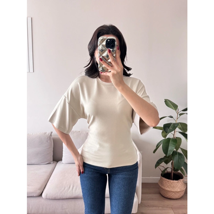 Sırt Bağcıklı Oversize Tshirt - BEJ